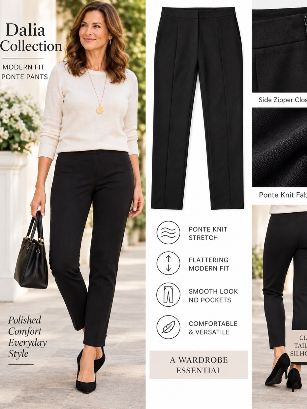 Dalia Collection Modern Fit Pants Black Ankle Ponte Knit Stretch Side Zipper 6
